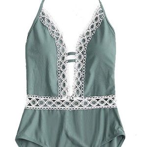 One-piece Lace Halter Deep V Swimsuit